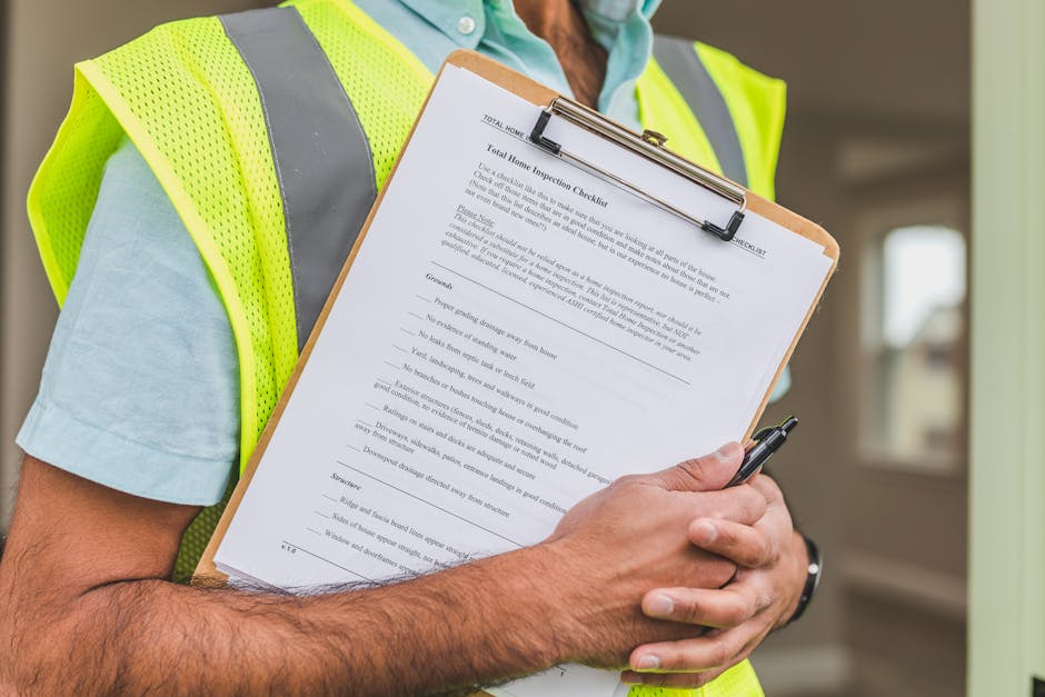 Close-up of a person wearing a high-visibility yellow vest and light blue shirt, holding a clipboard with a detailed home inspection checklist titled 'Total Home Inspection Checklist' in front of a ba